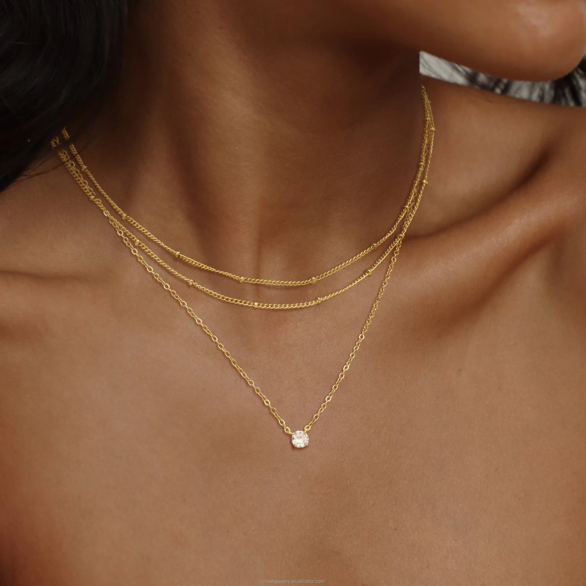 Layered Gold Necklace Set on model