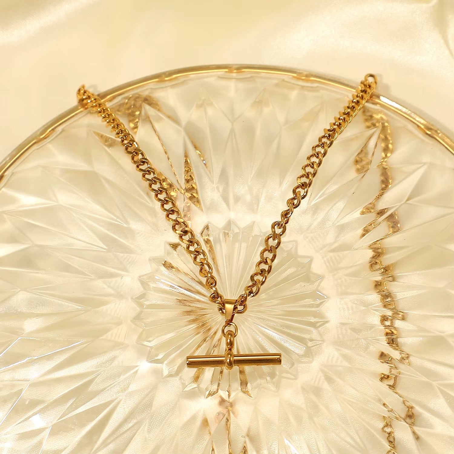 T-Bar Necklace styled on glass